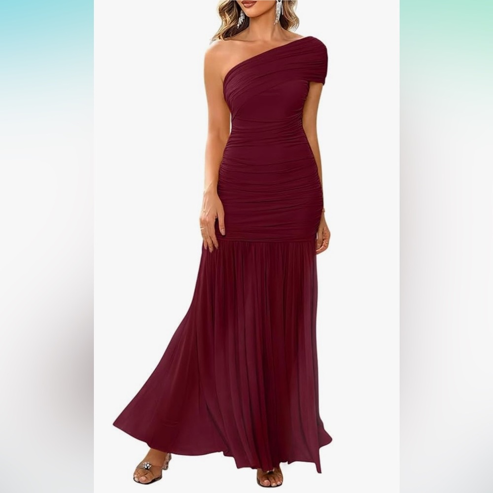 One shoulder Burgundy chiffon evening dress